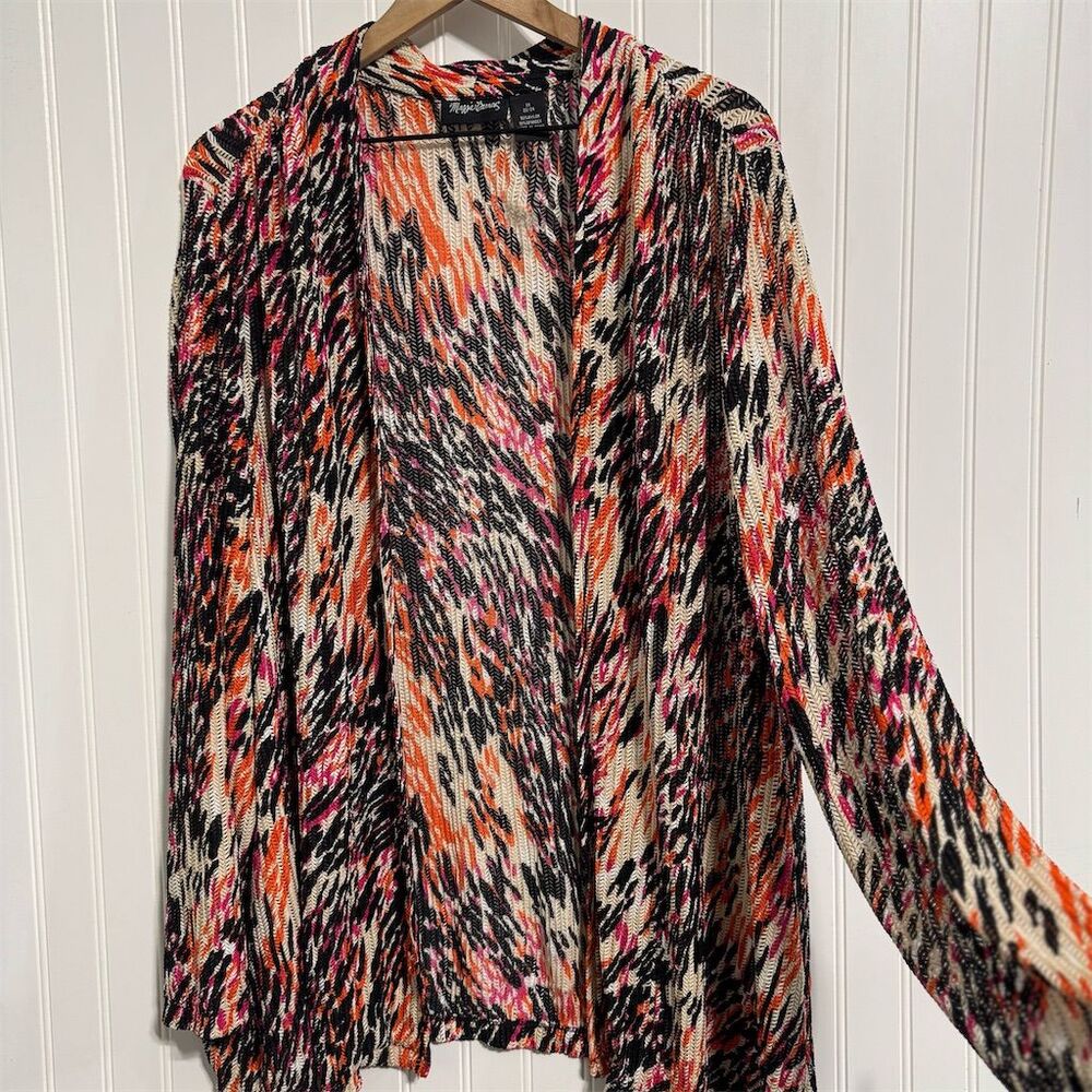 Maggie Barnes Duster 2X Abstract Animal Print Cardigan Sweater Orange Black Plus - Picture 2 of 7